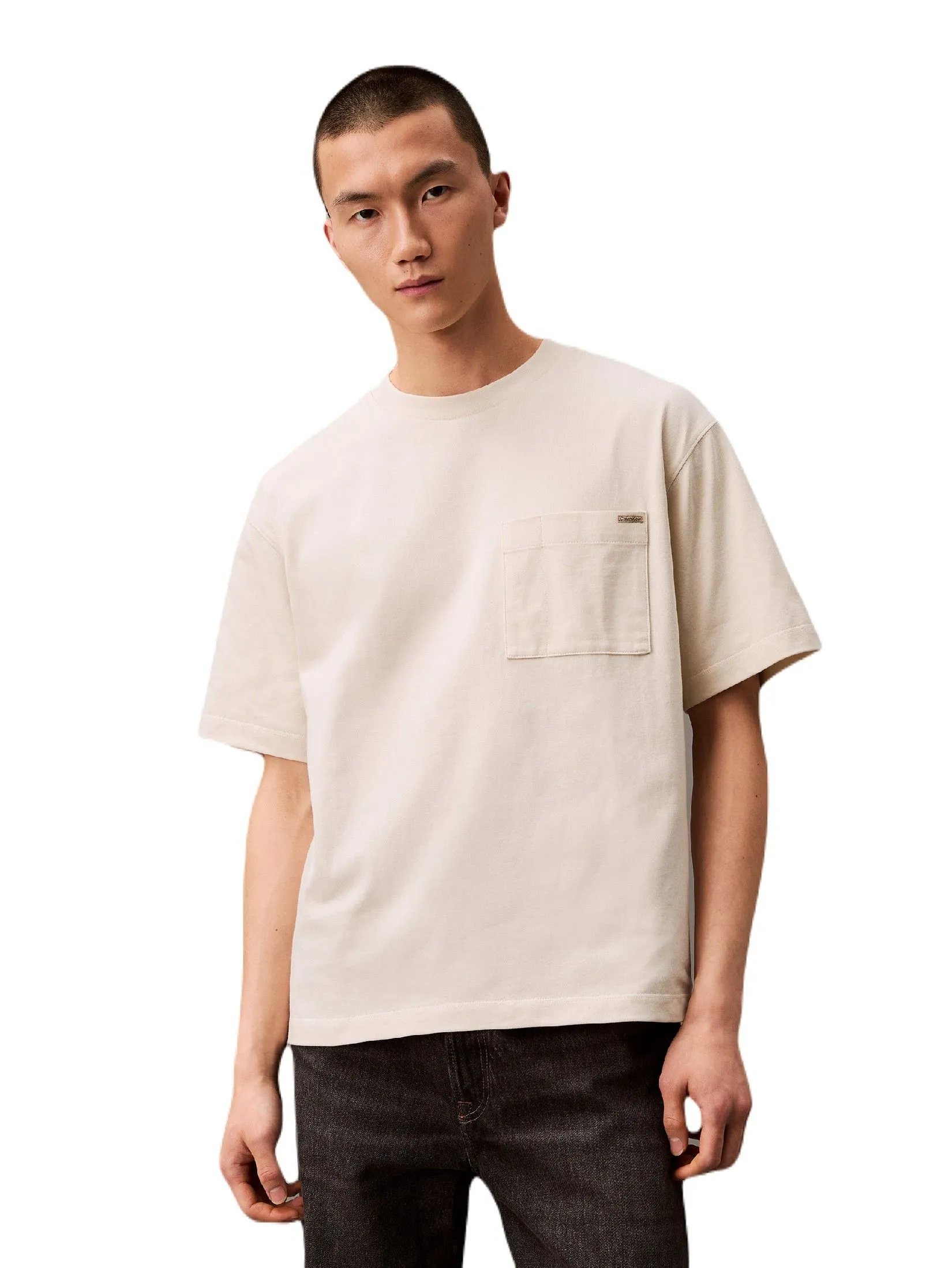 CALVIN KLEIN Men's Jersey Relaxed Pocket Tee Cream CALVIN KLEIN Men's Jersey Relaxed Pocket Tee Cream