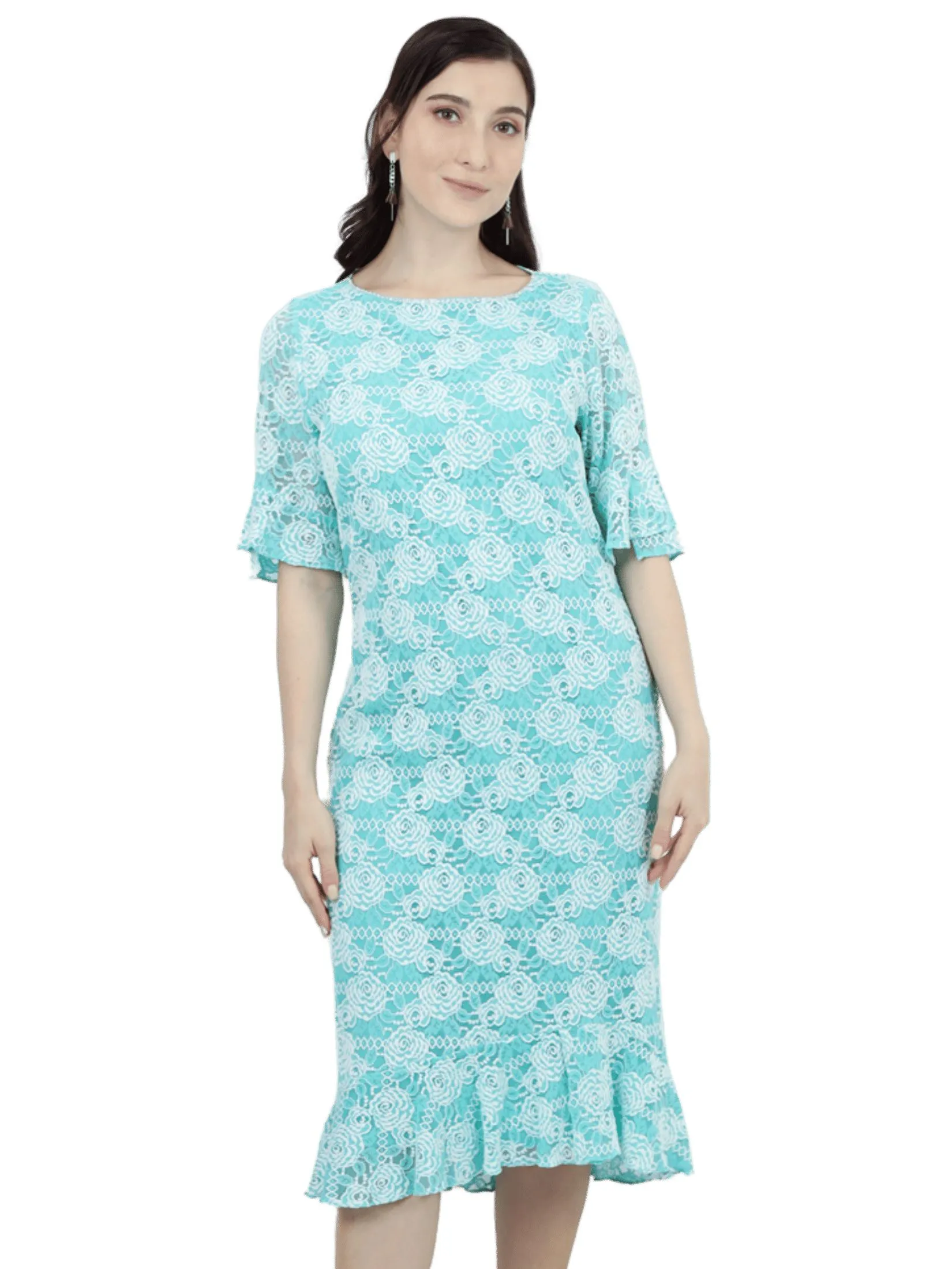 VERONIQA Women Dress Short Sleeves Fancy Lace Green VERONIQA Women Dress Short Sleeves Fancy Lace Green