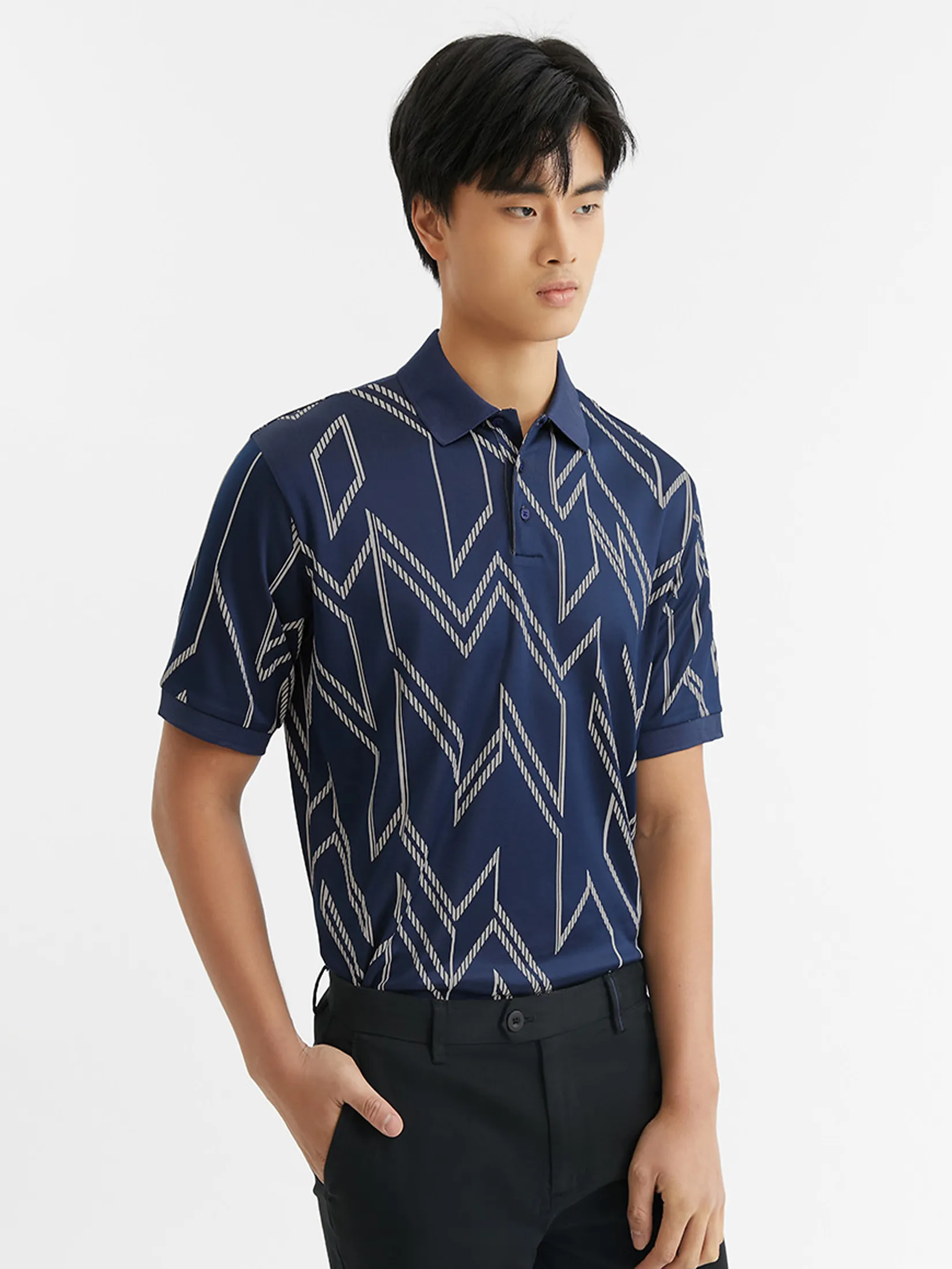 DAPPER Men Rope Chevron Jacquard Polo Shirt Navy DAPPER Men Rope Chevron Jacquard Polo Shirt Navy