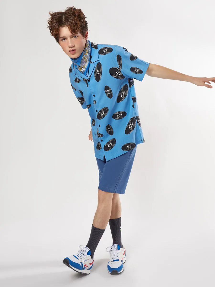 ESP Vinyl Print Hawaiian Shirt Men Mid Blue ESP Vinyl Print Hawaiian Shirt Men Mid Blue