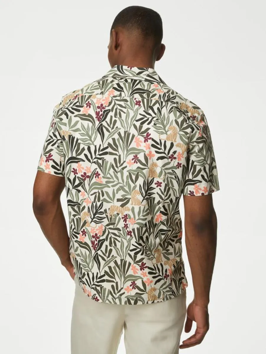 MARKS & SPENCER Men Shirt Short Sleeves Easy Iron Pure Cotton Cuban Collar Green Mix MARKS & SPENCER Men Shirt Short Sleeves Easy Iron Pure Cotton Cuban Collar Green Mix