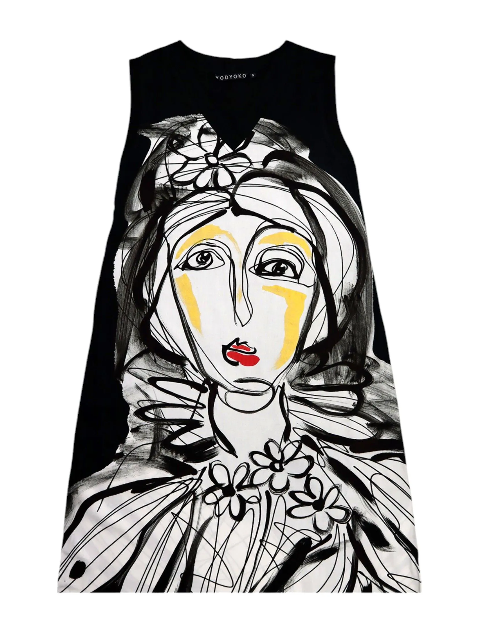 YODYOKO Woman Sleeveless Dress - Black : Woman stands gracefully with intricate black lines. YODYOKO Woman Sleeveless Dress - Black : Woman stands gracefully with intricate black lines.