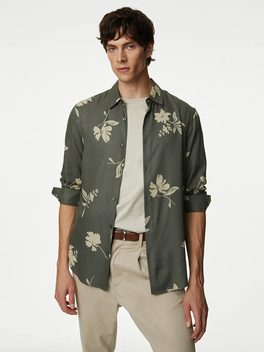MARKS & SPENCER Men Shirt Printed Floral Pattern Green Mix Size S MARKS & SPENCER Men Shirt Printed Floral Pattern Green Mix Size S