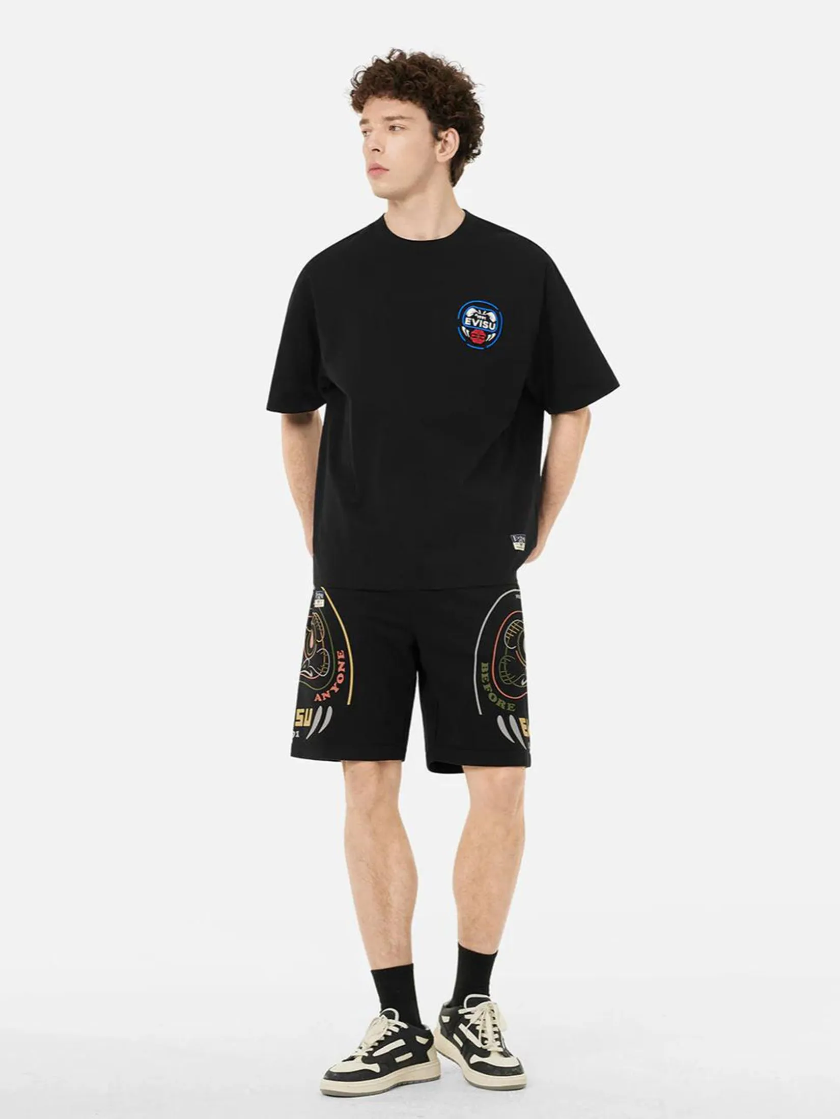 EVISU Men Sweatshorts Daruma Print Regular Fit Black
