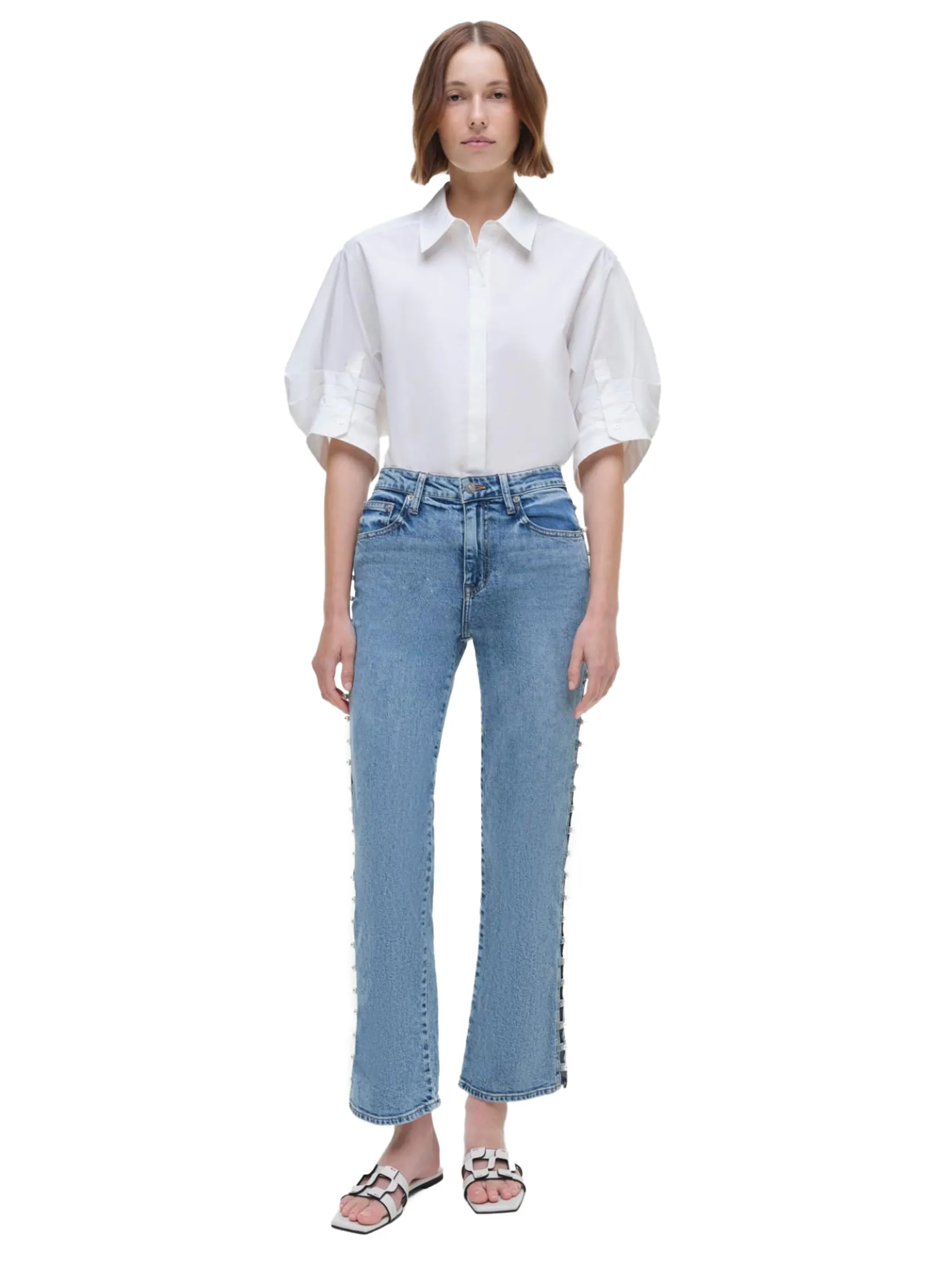 SIMKHAI Women Denim High Rise Pearl Embellished Amelia Juno SIMKHAI Women Denim High Rise Pearl Embellished Amelia Juno