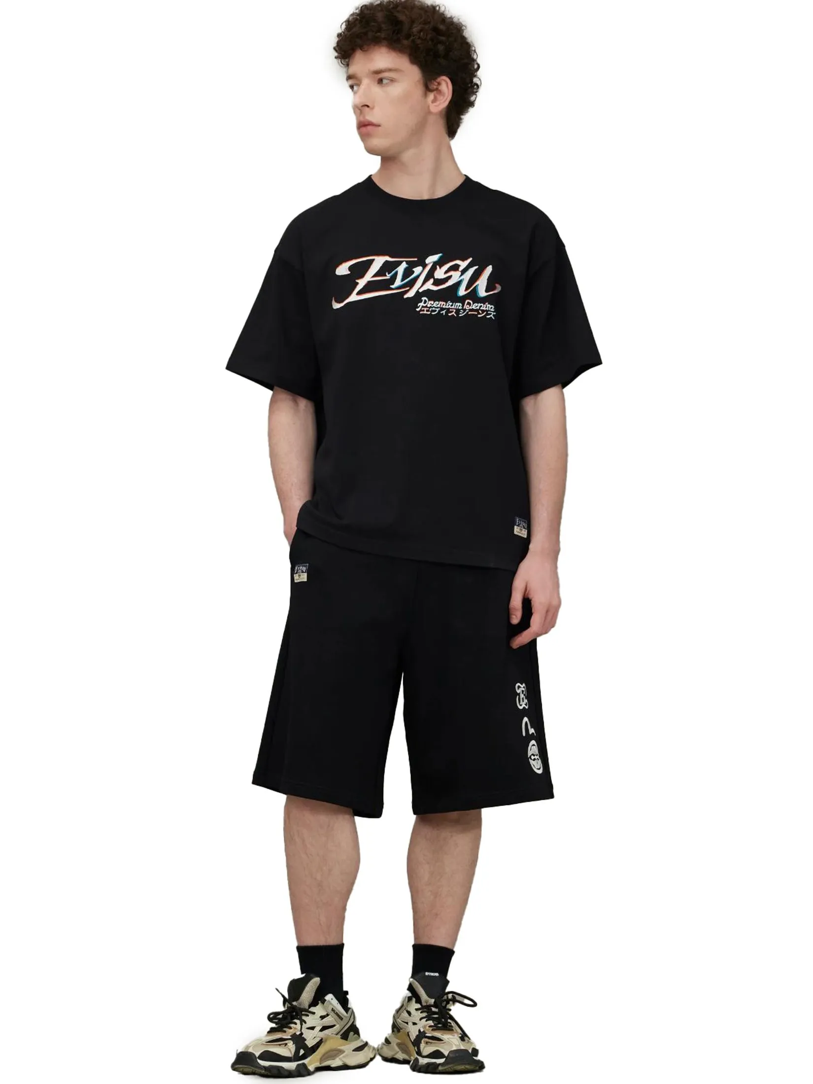 EVISU Men T-Shirt Logo and Kamon Embroidery Loose Fit Black EVISU Men T-Shirt Logo and Kamon Embroidery Loose Fit Black