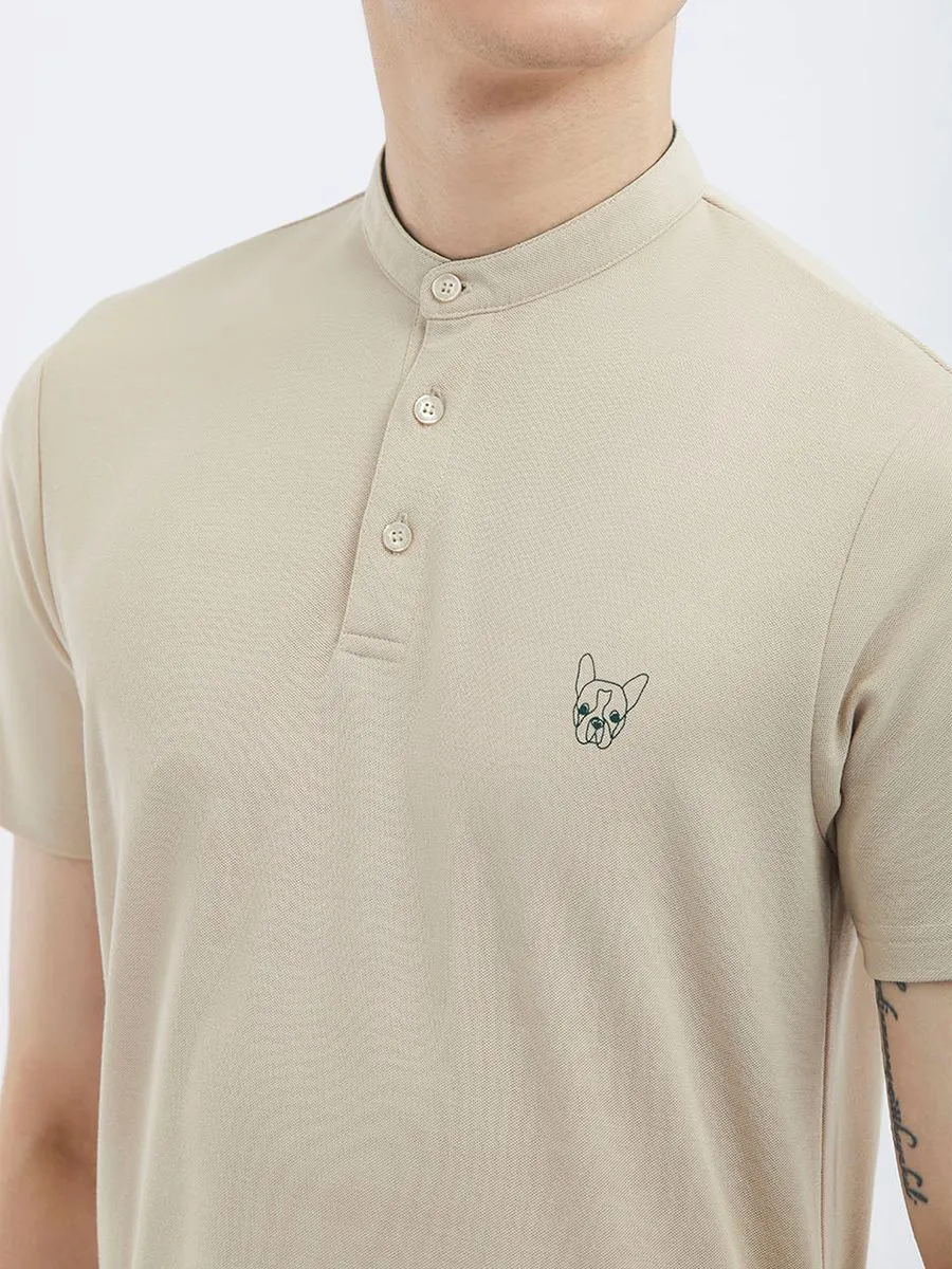 ESP Stand Collar Frenchie Polo Shirt Men Beige ESP Stand Collar Frenchie Polo Shirt Men Beige