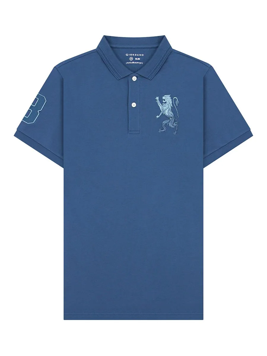GIORDANO Men's Lycra Pique Embroidery Polo (3D Lion) Key Largo Blue GIORDANO Men's Lycra Pique Embroidery Polo (3D Lion) Key Largo Blue
