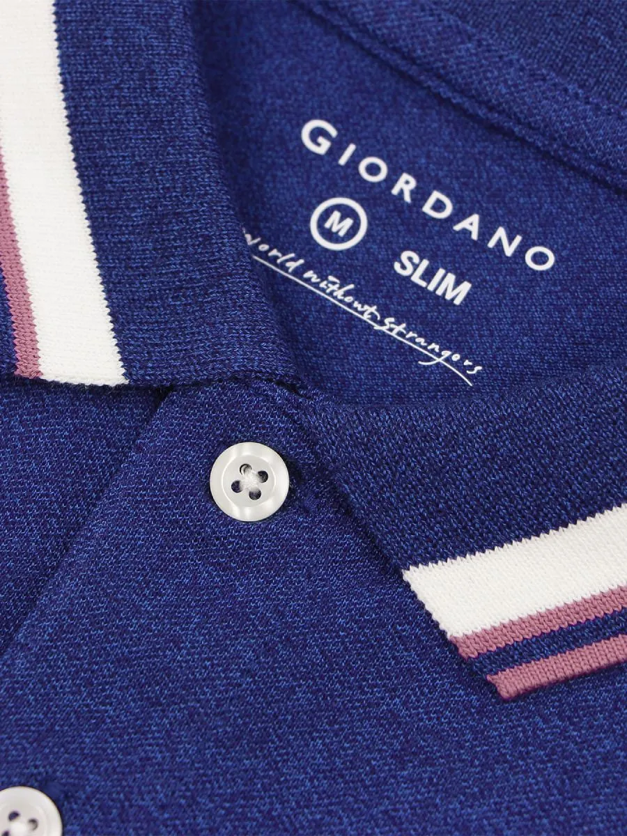 GIORDANO Men's Signature Pique Embroidery Solid Polo Melange Key Largo Blue GIORDANO Men's Signature Pique Embroidery Solid Polo Melange Key Largo Blue