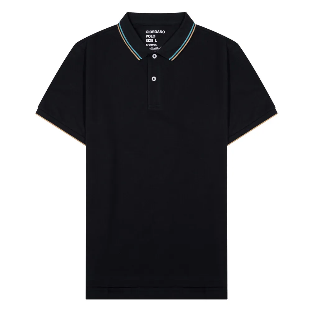 GIORDANO Navy Blue Men's Solid Cotton Lycra Short Sleeve Tapered Polo GIORDANO Navy Blue Men's Solid Cotton Lycra Short Sleeve Tapered Polo