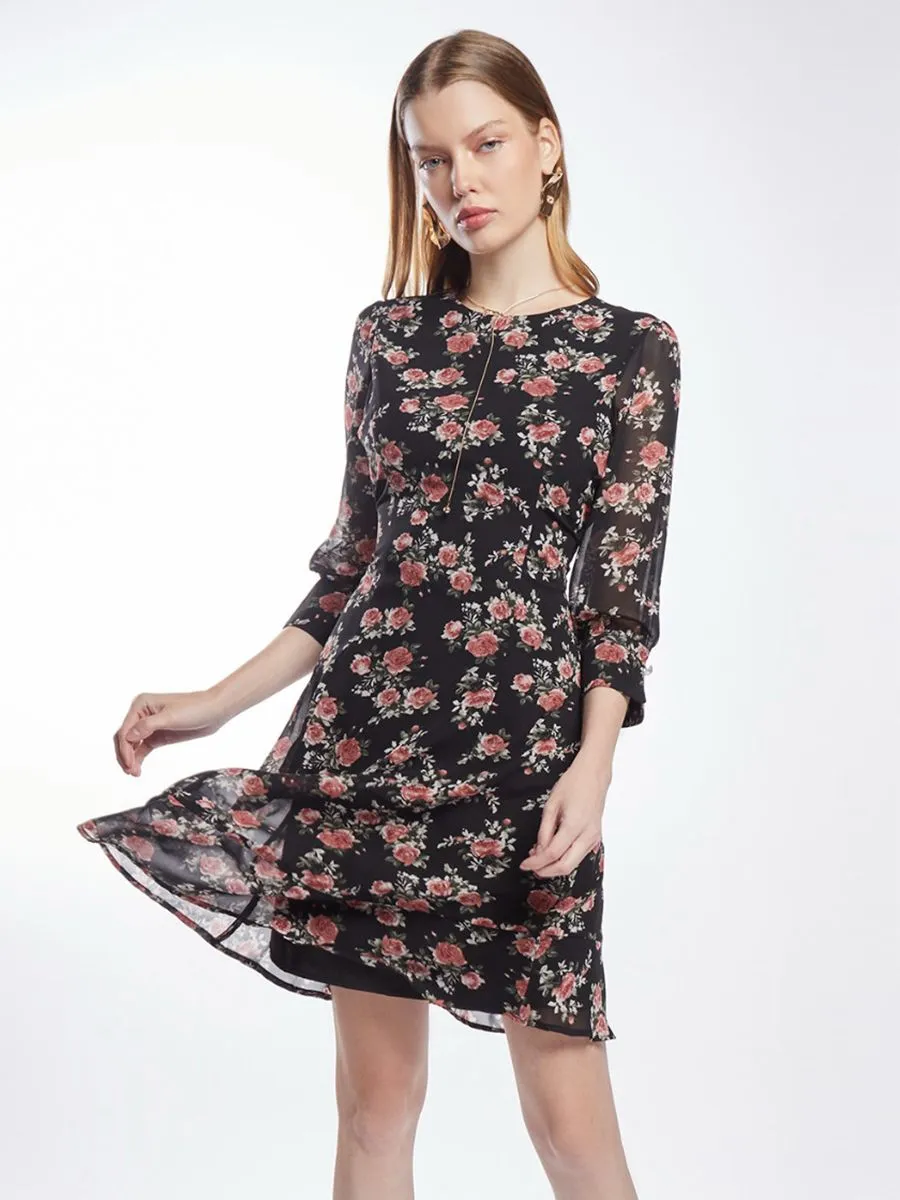 ESPADA Rose Print Chiffon Dress Women Black ESPADA Rose Print Chiffon Dress Women Black