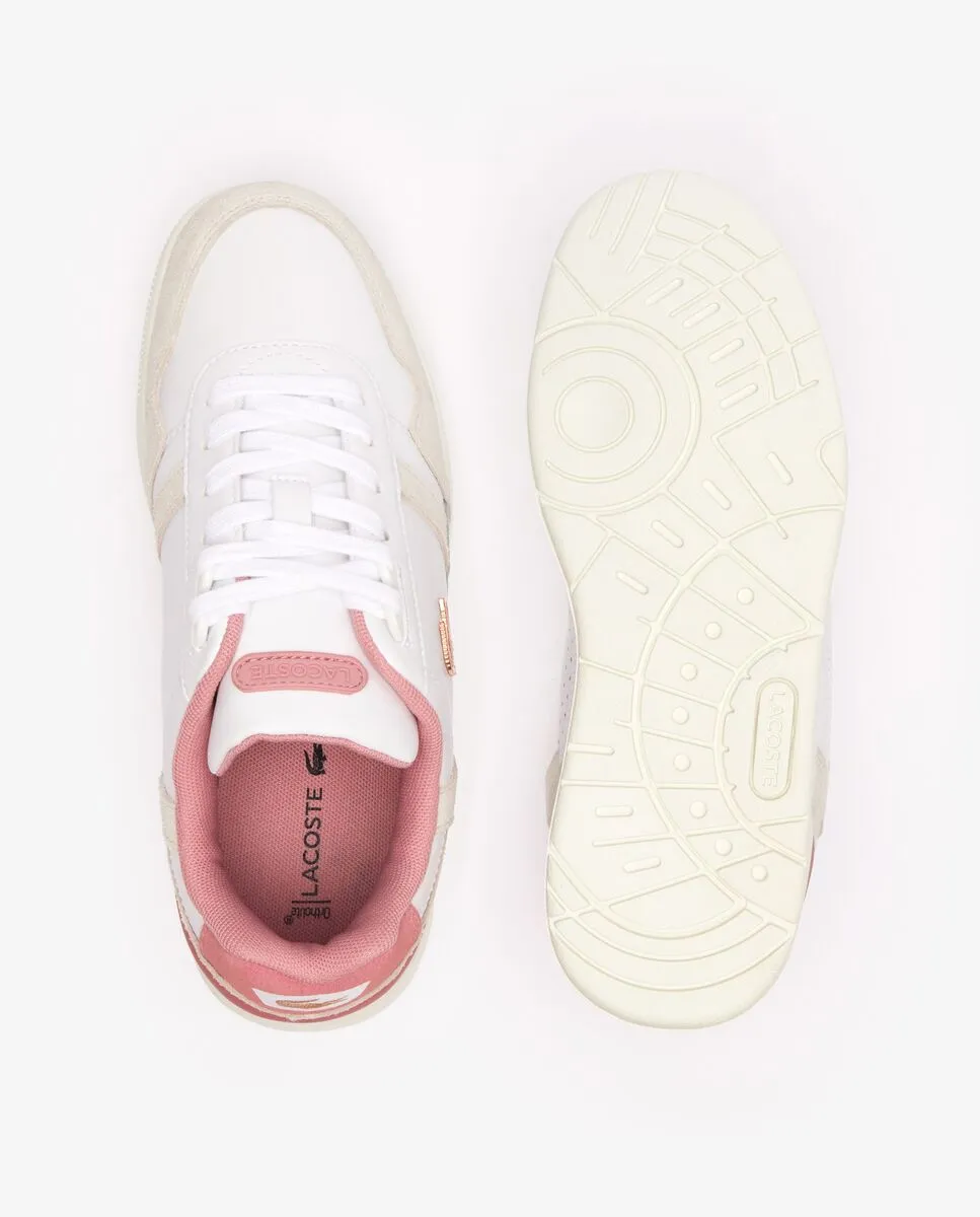 LACOSTE Women’s T-Clip Contrasted Leather Trainers White/Pink LACOSTE Women’s T-Clip Contrasted Leather Trainers White/Pink