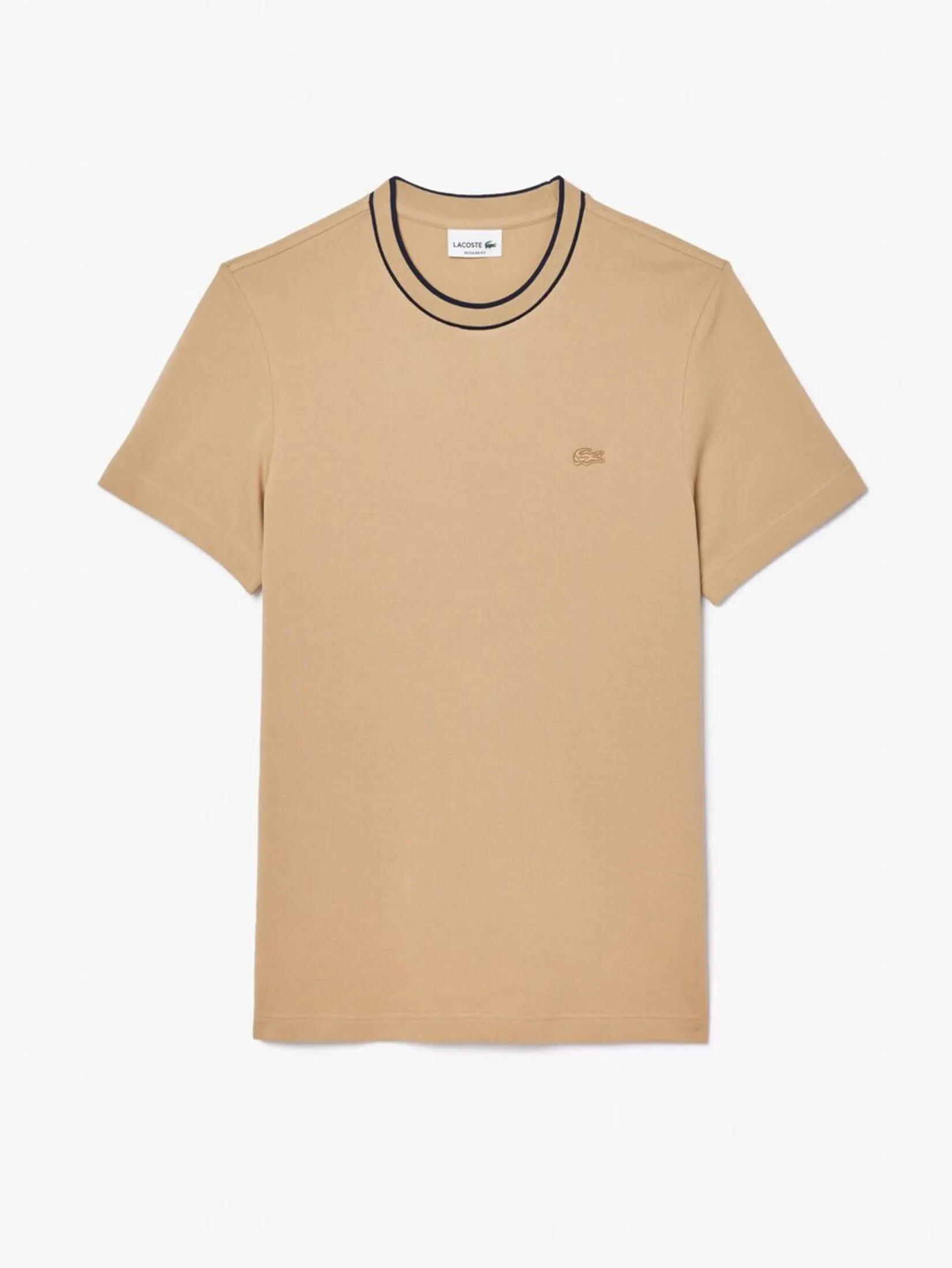 LACOSTE Stretch Piqu  Stripe Collar T-shirt Beige LACOSTE Stretch Piqu  Stripe Collar T-shirt Beige