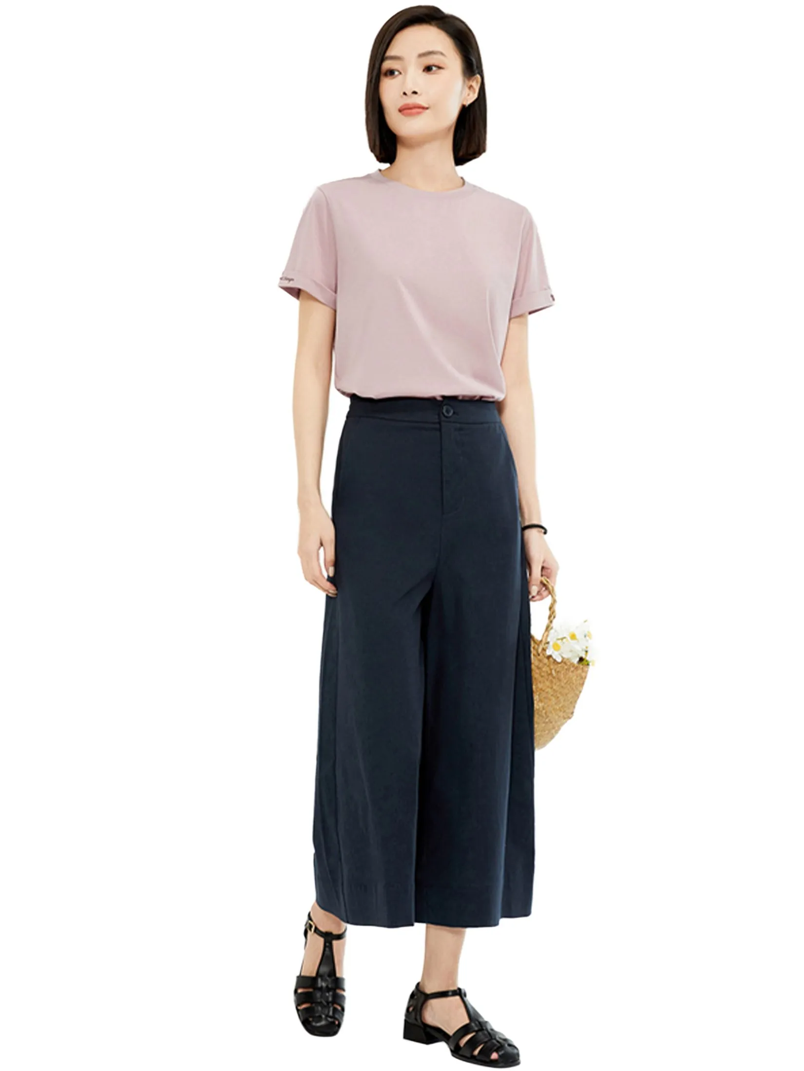 GIORDANO Women's Online Exclusive Wide-Leg Cropped Pants Night Blue GIORDANO Women's Online Exclusive Wide-Leg Cropped Pants Night Blue