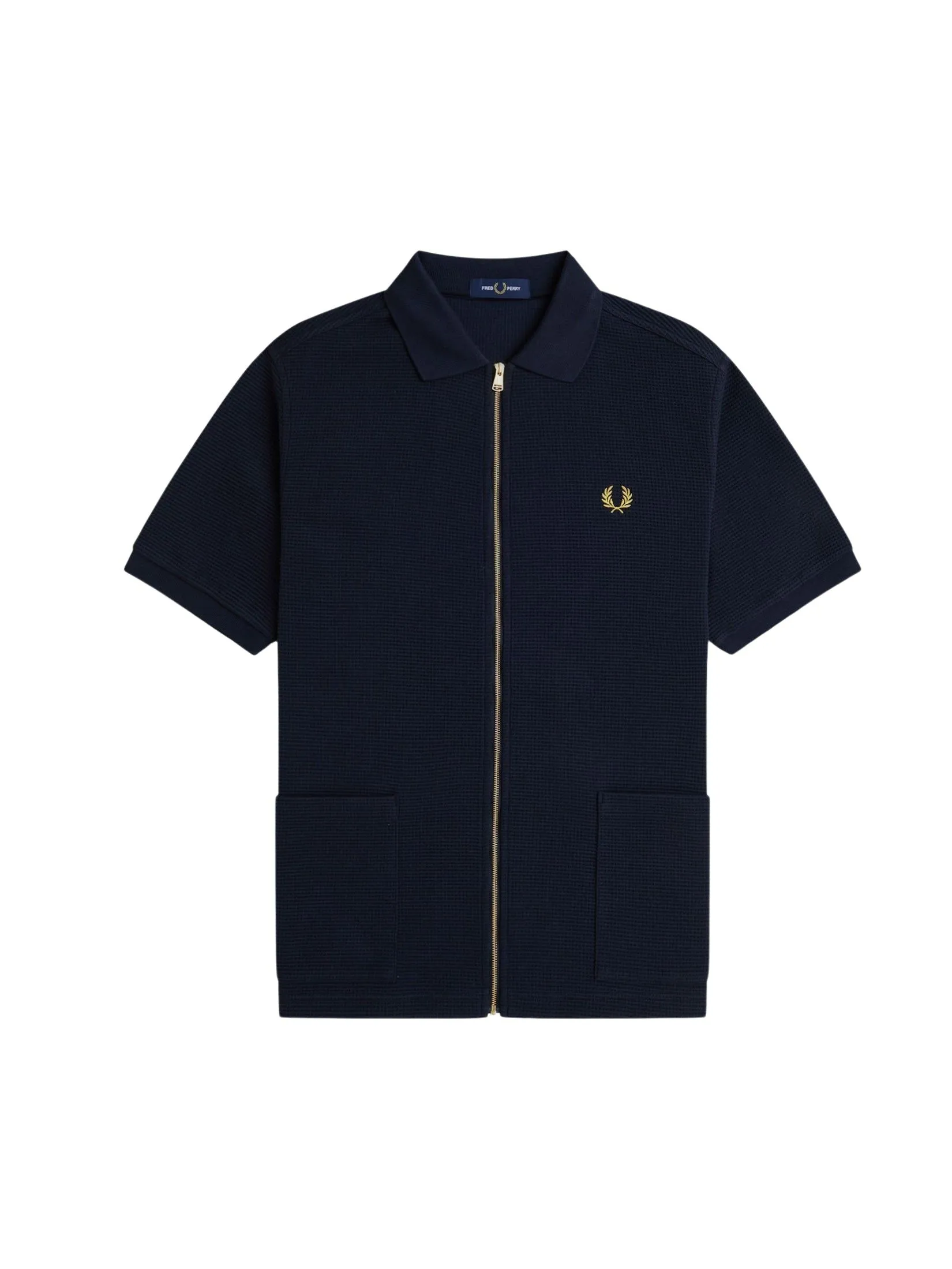 Fred Perry Men WAFFLE ZIP THROUGH POLO SHIRT  Navy Fred Perry Men WAFFLE ZIP THROUGH POLO SHIRT  Navy