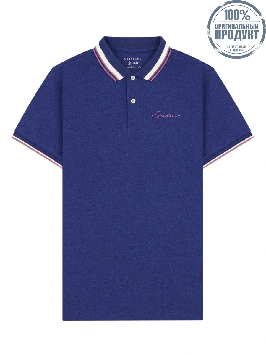 GIORDANO Men's Signature Pique Embroidery Solid Polo Melange Key Largo Blue GIORDANO Men's Signature Pique Embroidery Solid Polo Melange Key Largo Blue