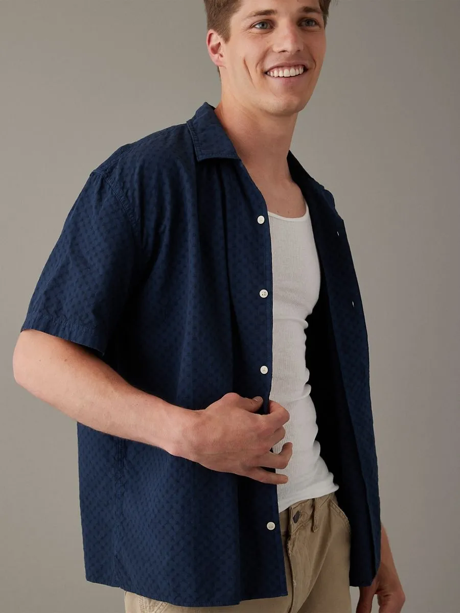 American Eagle MEN MIDNIGHT LIGHT OVERSIZED CAMP COLLAR PFD DOBBY 400 BLUE American Eagle MEN MIDNIGHT LIGHT OVERSIZED CAMP COLLAR PFD DOBBY 400 BLUE