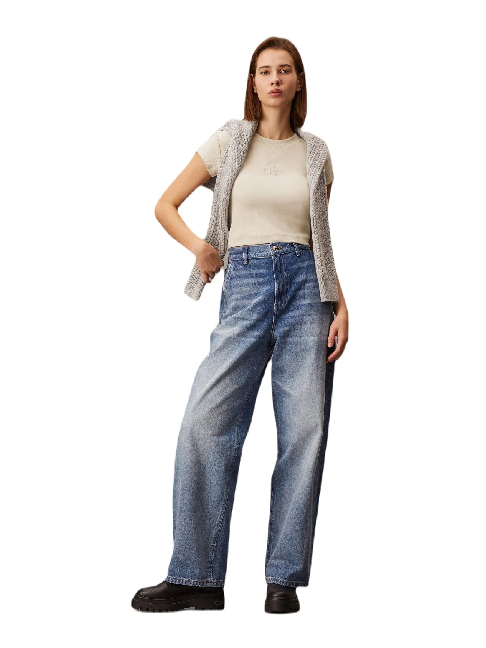 CALVIN KLEIN Women's Monogram Baby Fit Rib Knit Tee Cream CALVIN KLEIN Women's Monogram Baby Fit Rib Knit Tee Cream