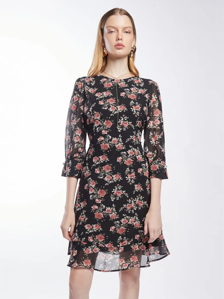 ESPADA Rose Print Chiffon Dress Women Black ESPADA Rose Print Chiffon Dress Women Black