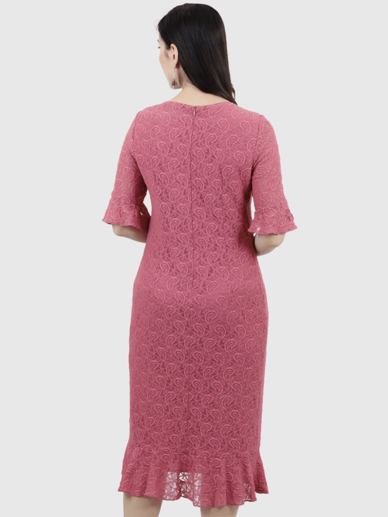 VERONIQA Women Dress Short Sleeves Fancy Lace Pink VERONIQA Women Dress Short Sleeves Fancy Lace Pink