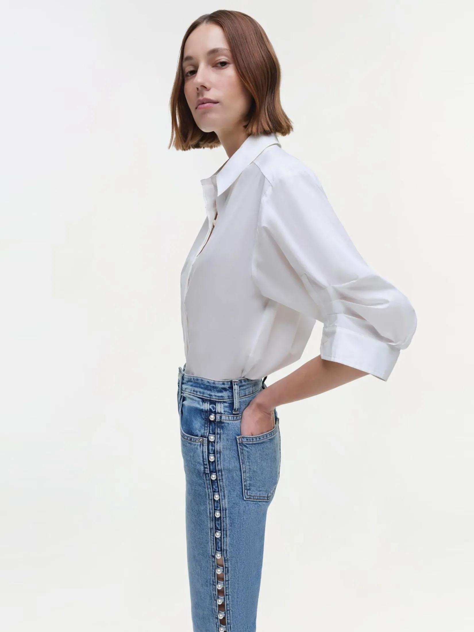 SIMKHAI Women Denim High Rise Pearl Embellished Amelia Juno SIMKHAI Women Denim High Rise Pearl Embellished Amelia Juno