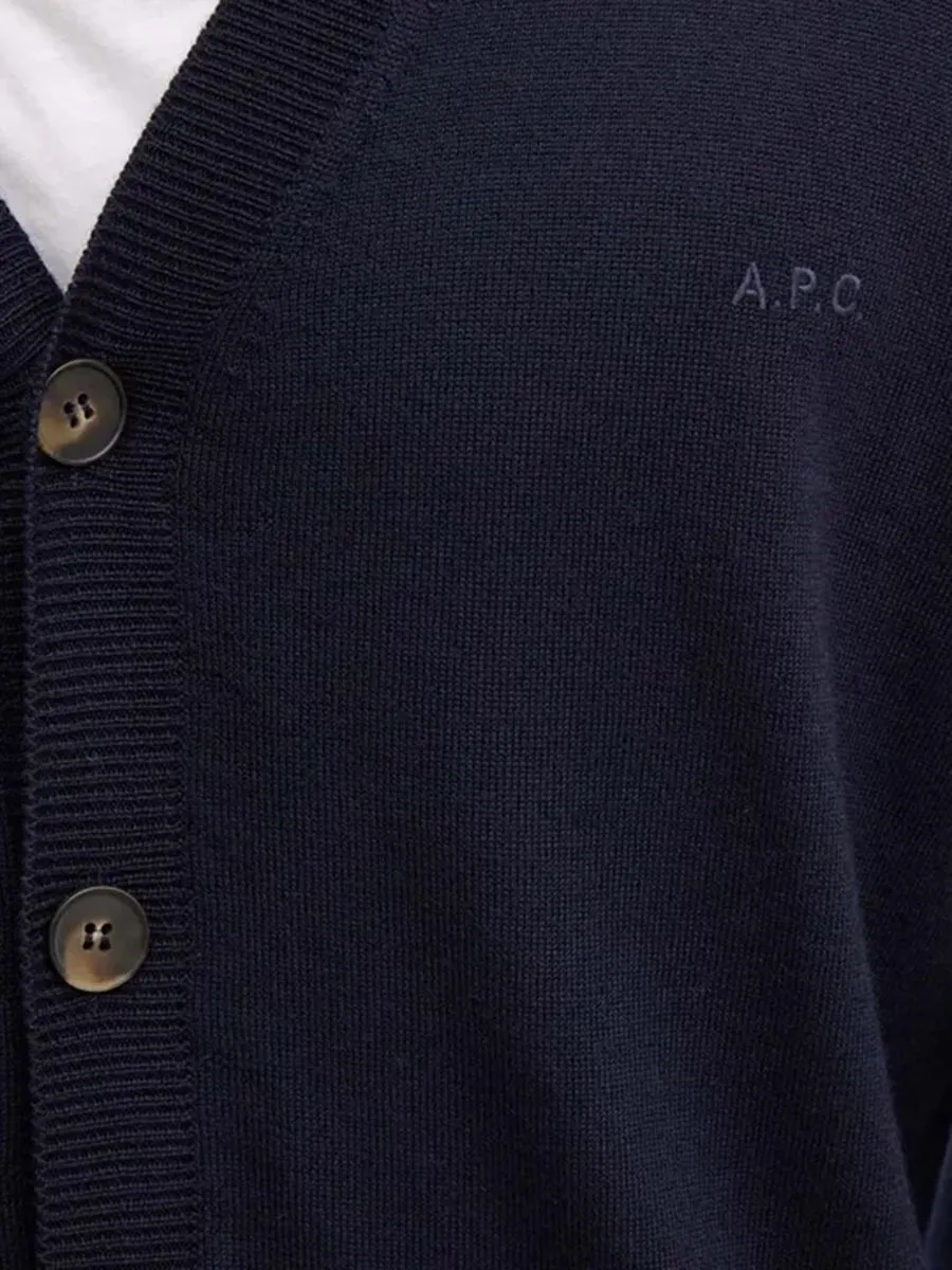 A.P.C. Men Cardigan Joe Merino Wool Logo-Embroidered Navy A.P.C. Men Cardigan Joe Merino Wool Logo-Embroidered Navy