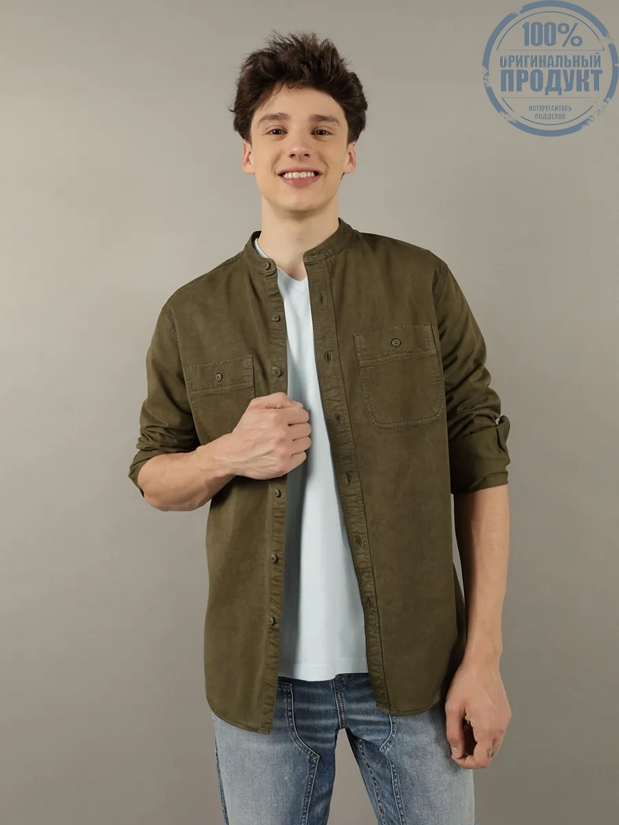 American Eagle MEN  CF BAND COLLAR HENDRIX TWILL SHIRT 300 GREEN American Eagle MEN  CF BAND COLLAR HENDRIX TWILL SHIRT 300 GREEN