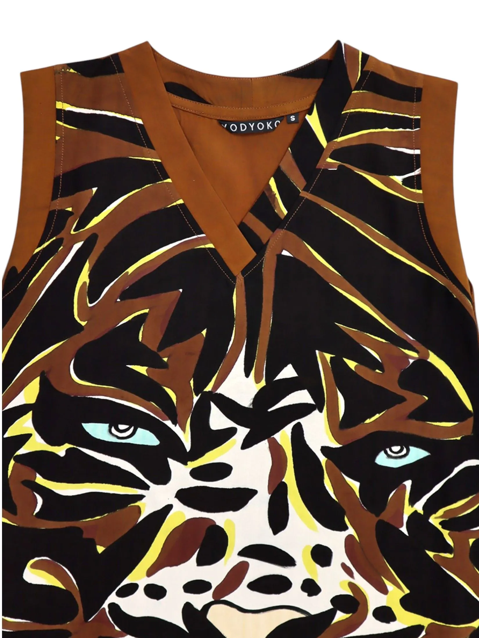 YODYOKO Woman Sleeveless Dress - Brown : Siberian Tiger, Blue Eyes YODYOKO Woman Sleeveless Dress - Brown : Siberian Tiger, Blue Eyes