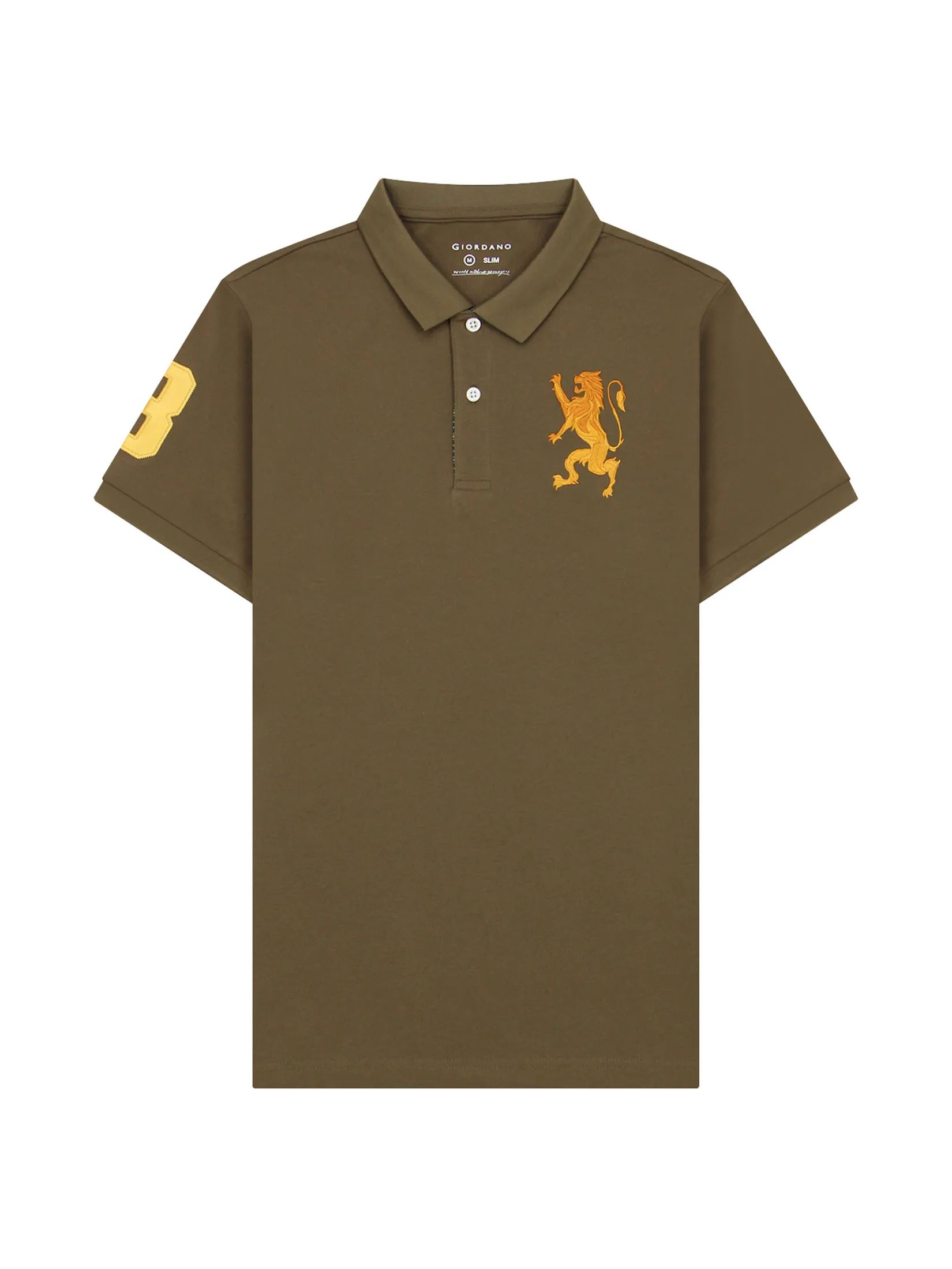 GIORDANO Men s Slim Embroidery Bold Polo (3D Lion) Brown Olive GIORDANO Men s Slim Embroidery Bold Polo (3D Lion) Brown Olive