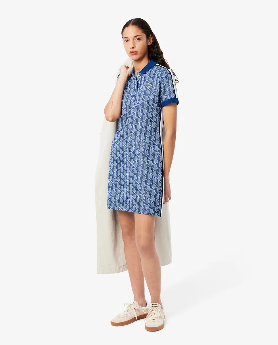 LACOSTE Slim Fit Monogram Jacquard Polo Dress Blue LACOSTE Slim Fit Monogram Jacquard Polo Dress Blue
