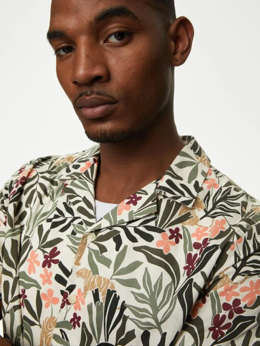 MARKS & SPENCER Men Shirt Short Sleeves Easy Iron Pure Cotton Cuban Collar Green Mix MARKS & SPENCER Men Shirt Short Sleeves Easy Iron Pure Cotton Cuban Collar Green Mix