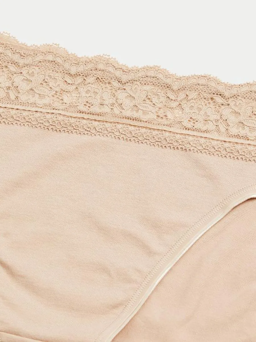 MARKS & SPENCER Women Knickers Cotton Lycra & Lace 5pk Tan