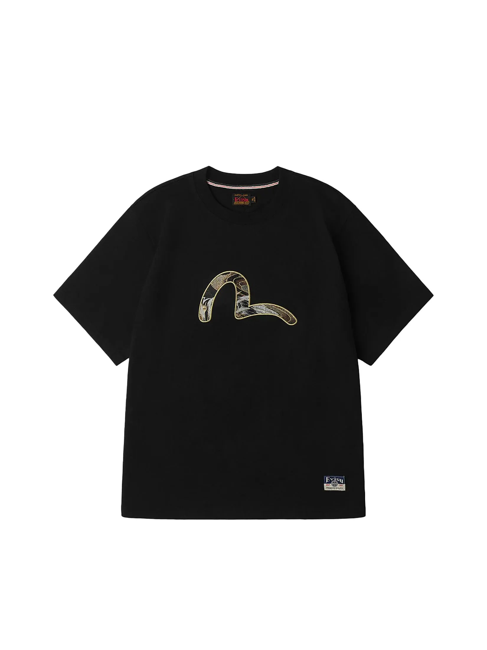 EVISU Men T-Shirt Short Sleeves Brocade Seagull Appliqué Regular Fit EVISU Men T-Shirt Short Sleeves Brocade Seagull Appliqué Regular Fit