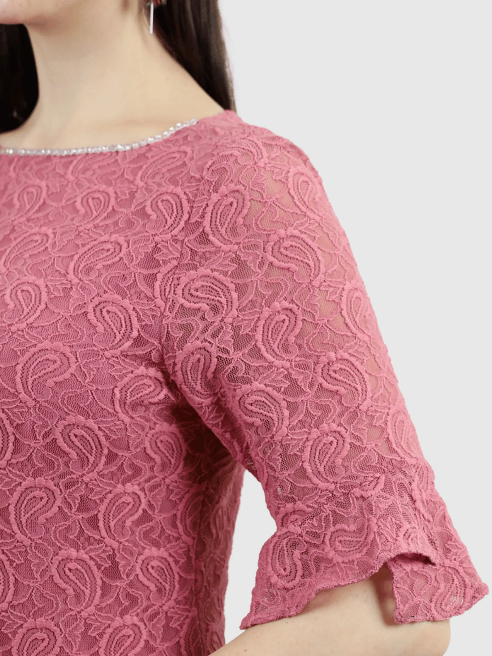 VERONIQA Women Dress Short Sleeves Fancy Lace Pink VERONIQA Women Dress Short Sleeves Fancy Lace Pink