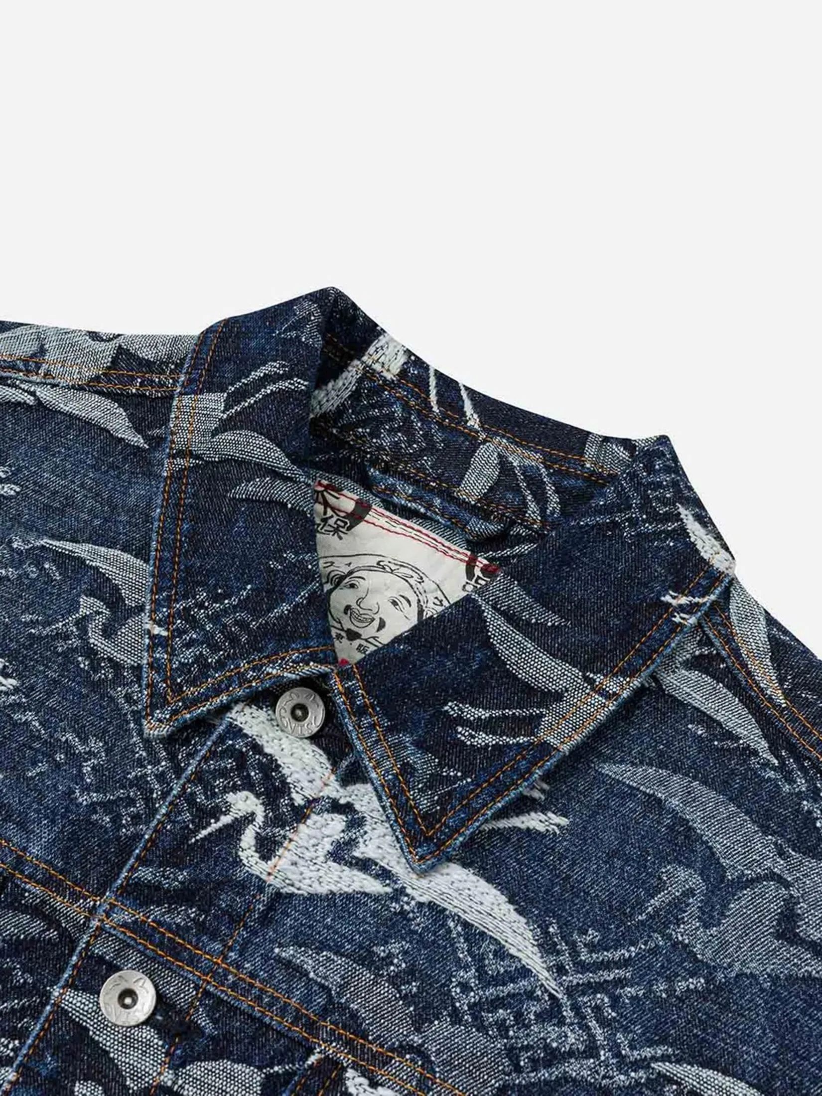 EVISU Men Denim Jacket Allover Seagull Cranes Jacquard Loose Fit Navy