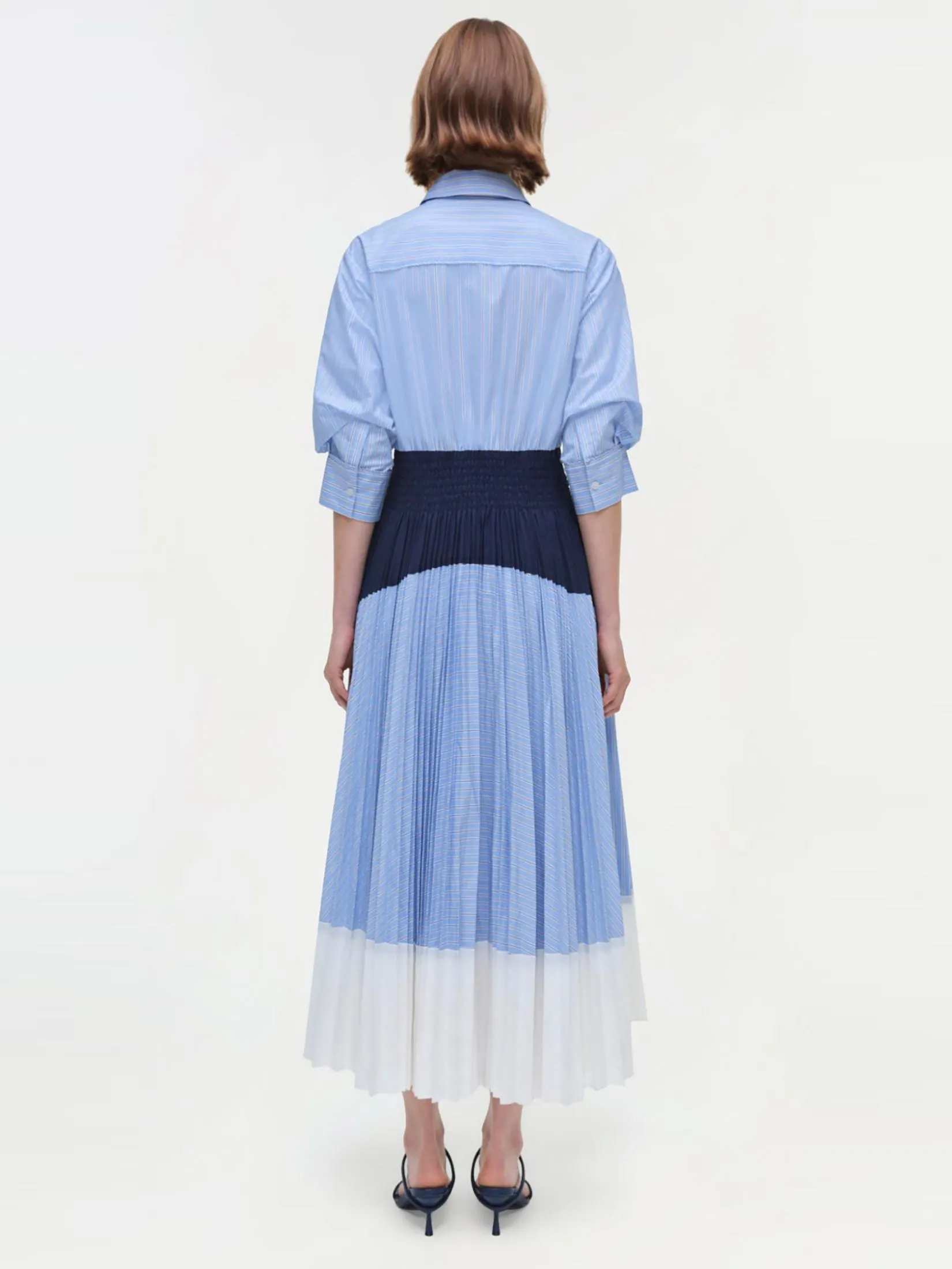 SIMKHAI Women Midi Dress Jenella Pleated Combo Harbor Blue Stripe SIMKHAI Women Midi Dress Jenella Pleated Combo Harbor Blue Stripe