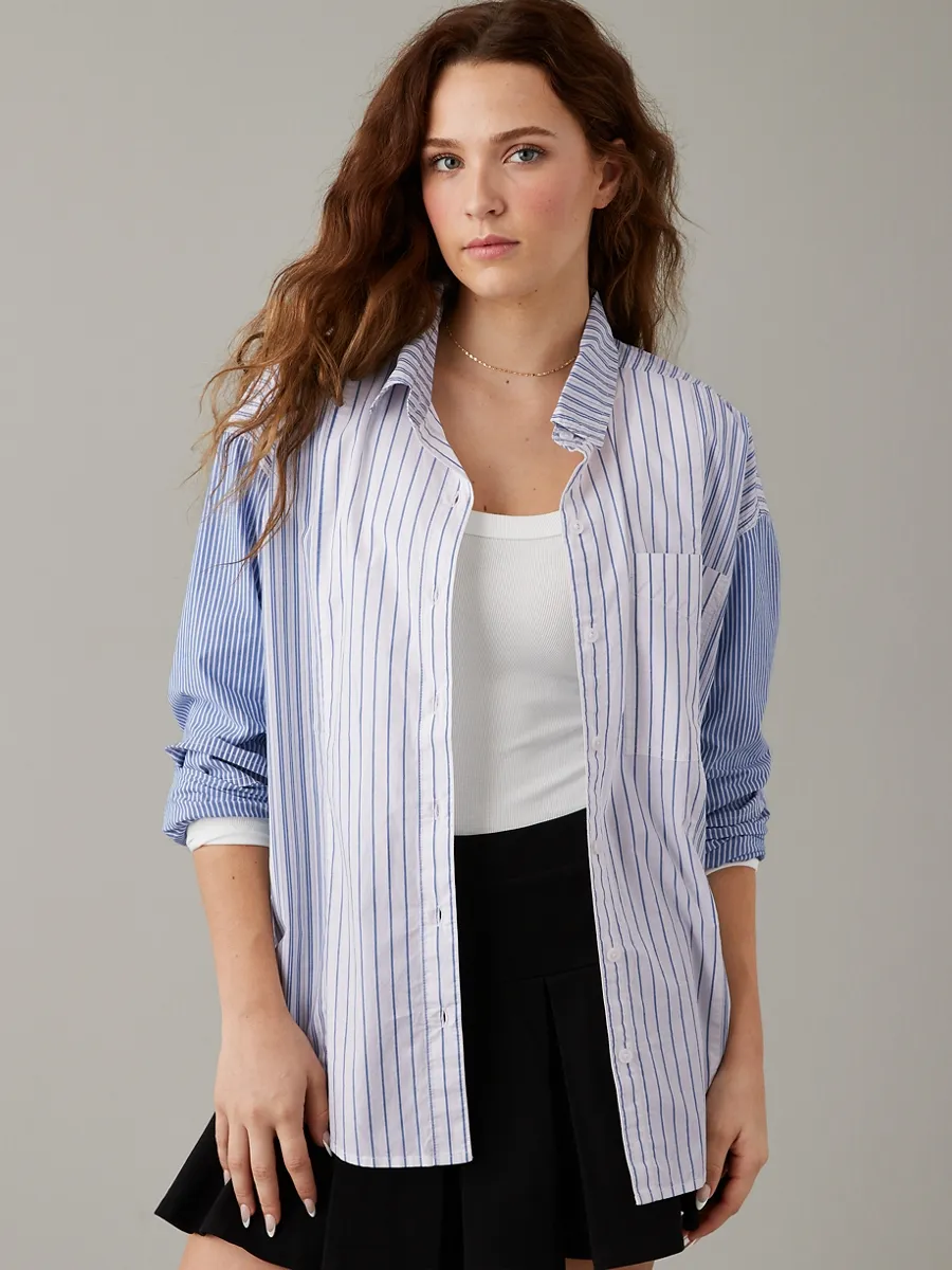 American Eagle WOMEN 5682 CORE PERFECT SHIRT STRIPE MIX 400 BLUE American Eagle WOMEN 5682 CORE PERFECT SHIRT STRIPE MIX 400 BLUE