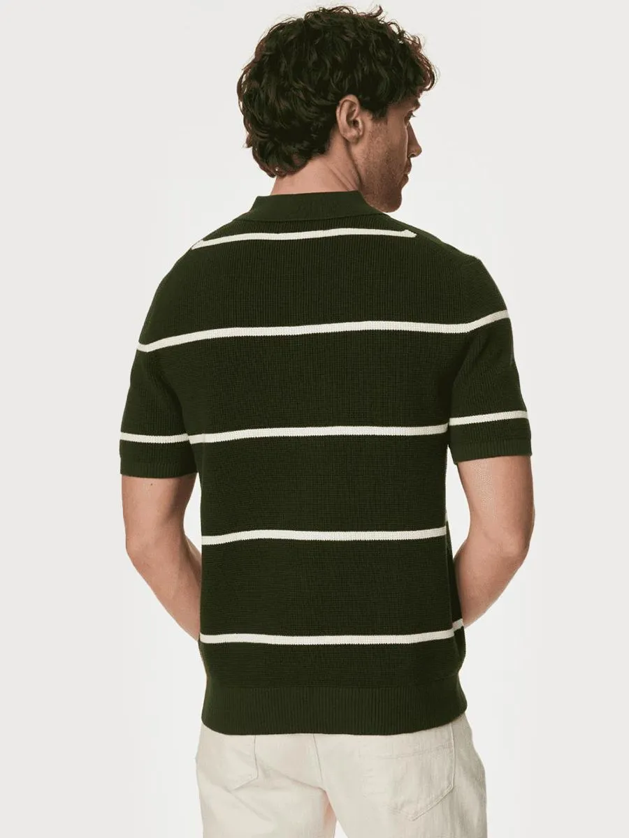 MARKS & SPENCER Men Polo Shirt Cotton Rich Striped Knitted Kh_Khaki