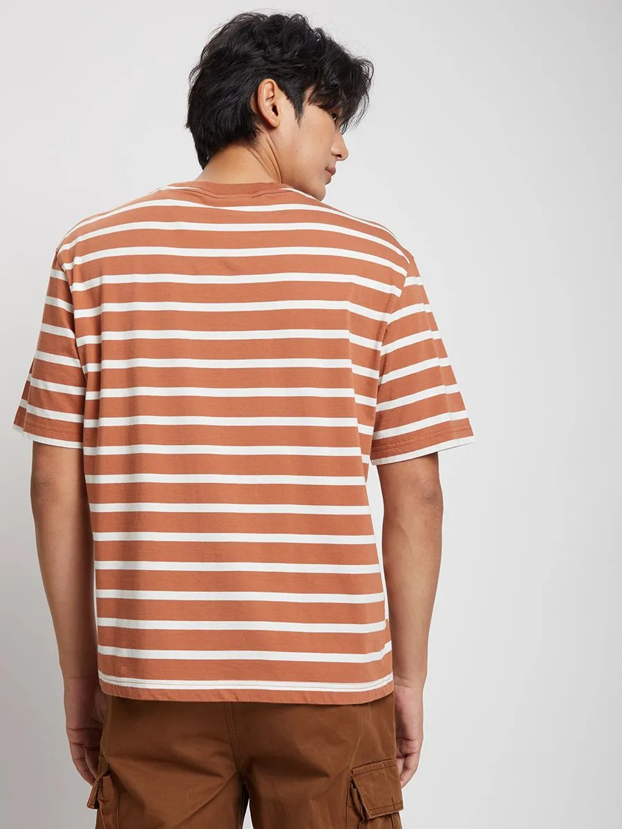 DEFRY 01 Men T-Shirt Crew Neck Short Sleeves Striped Printed Brown DEFRY 01 Men T-Shirt Crew Neck Short Sleeves Striped Printed Brown