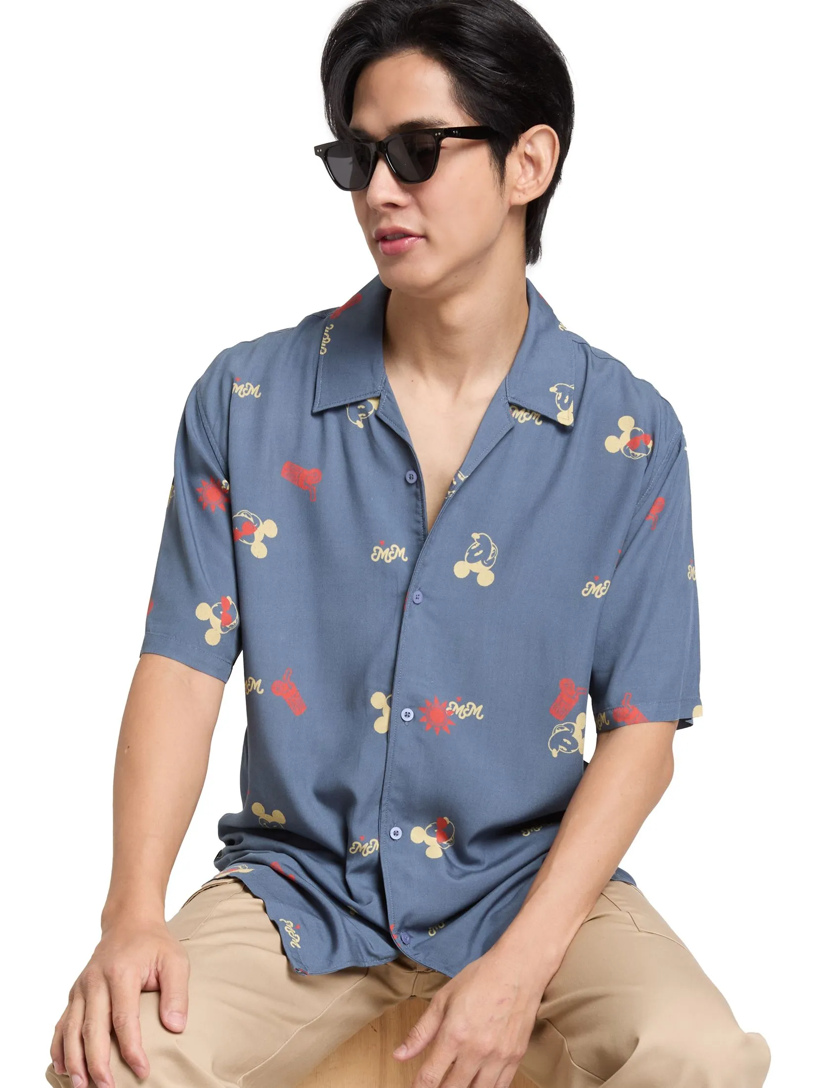 PACIFIC UNION Men Oversized Shirt Short Sleeves Mickey Mouse Graphic Printed Navy
