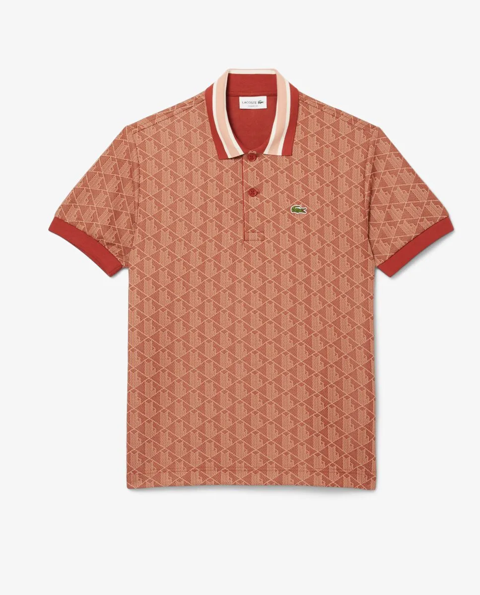 LACOSTE Classic Fit Monogram Jacquard Polo Shirt Brown LACOSTE Classic Fit Monogram Jacquard Polo Shirt Brown