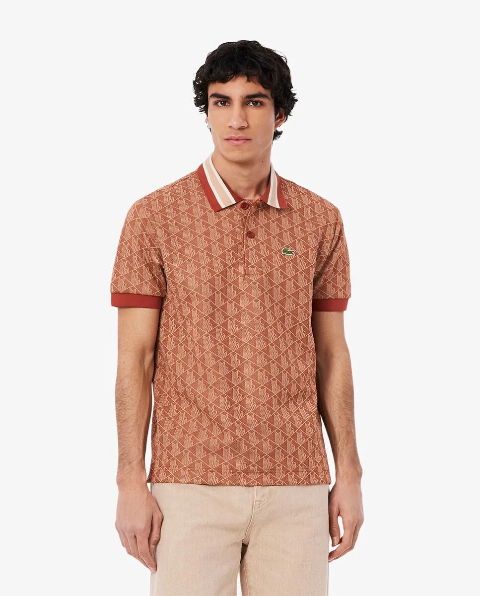 LACOSTE Classic Fit Monogram Jacquard Polo Shirt Brown LACOSTE Classic Fit Monogram Jacquard Polo Shirt Brown
