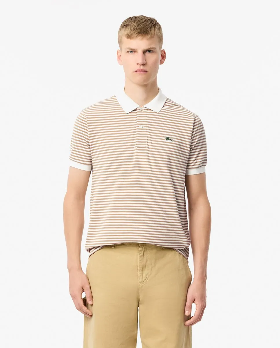 LACOSTE Classic Fit L.12.12 Striped Petit Piqu  Polo Shirt Beige LACOSTE Classic Fit L.12.12 Striped Petit Piqu  Polo Shirt Beige