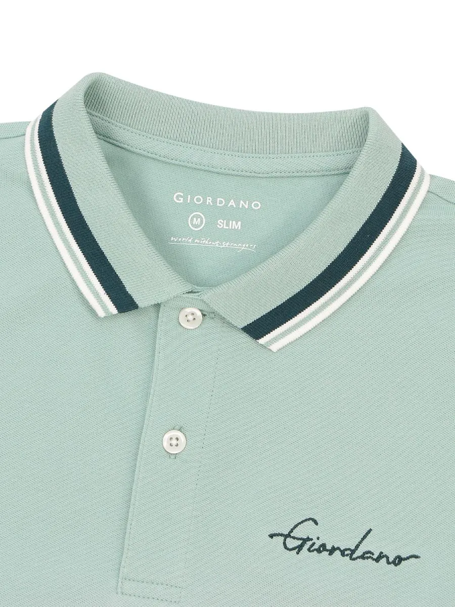 GIORDANO Men's Signature Pique Embroidery Solid Polo Green Surf GIORDANO Men's Signature Pique Embroidery Solid Polo Green Surf
