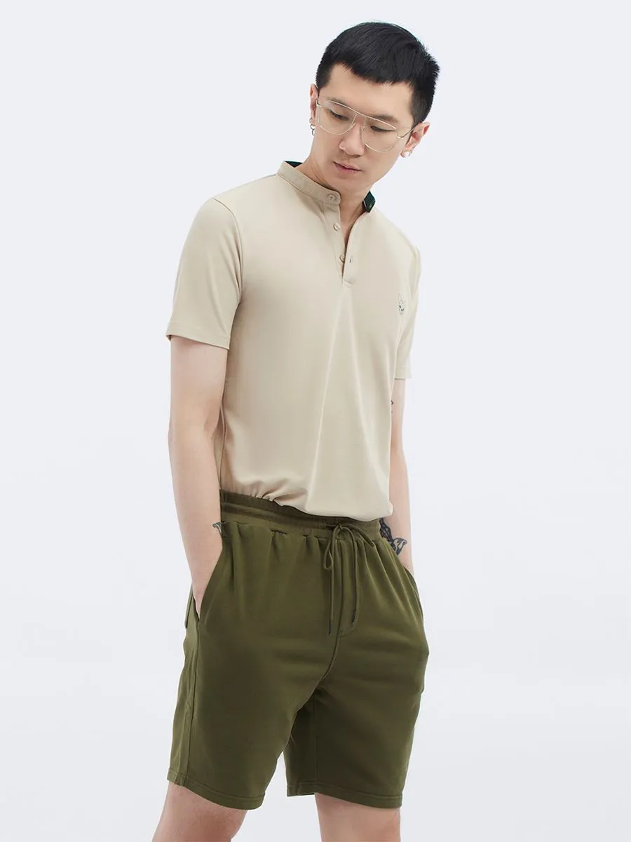 ESP Stand Collar Frenchie Polo Shirt Men Beige ESP Stand Collar Frenchie Polo Shirt Men Beige