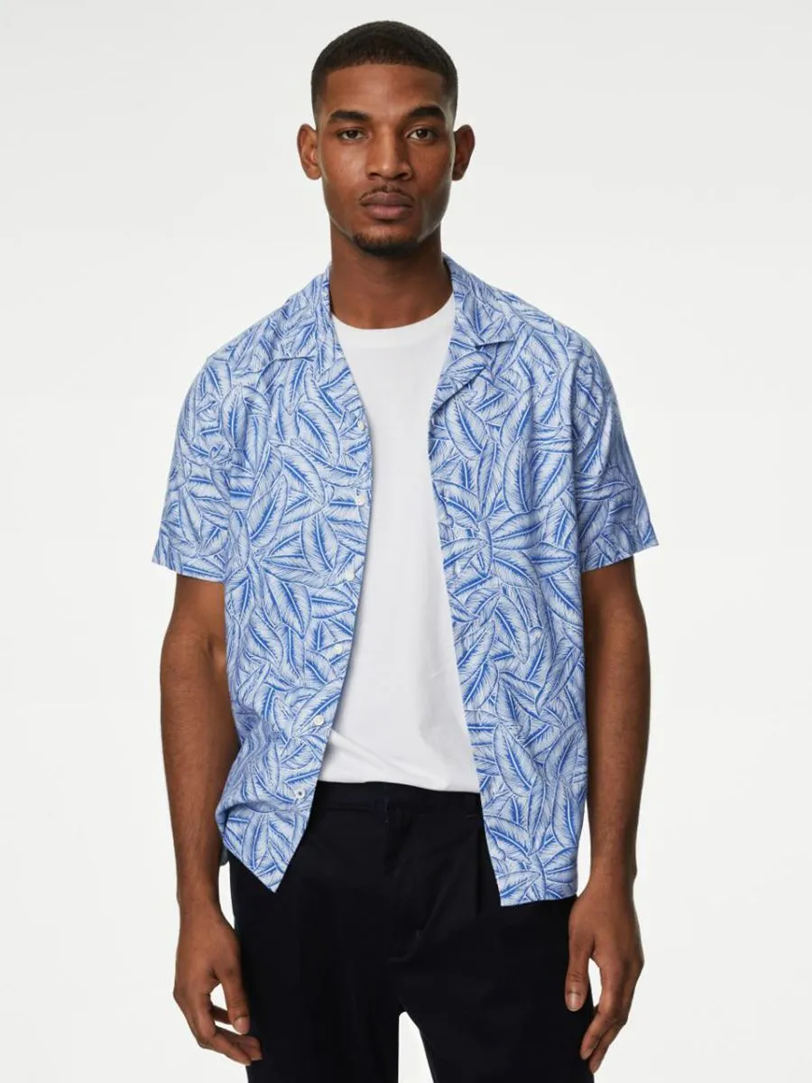 MARKS & SPENCER Men Shirt Short Sleeves Easy Iron Linen Blend Hawaiian Printed Blue Mix MARKS & SPENCER Men Shirt Short Sleeves Easy Iron Linen Blend Hawaiian Printed Blue Mix