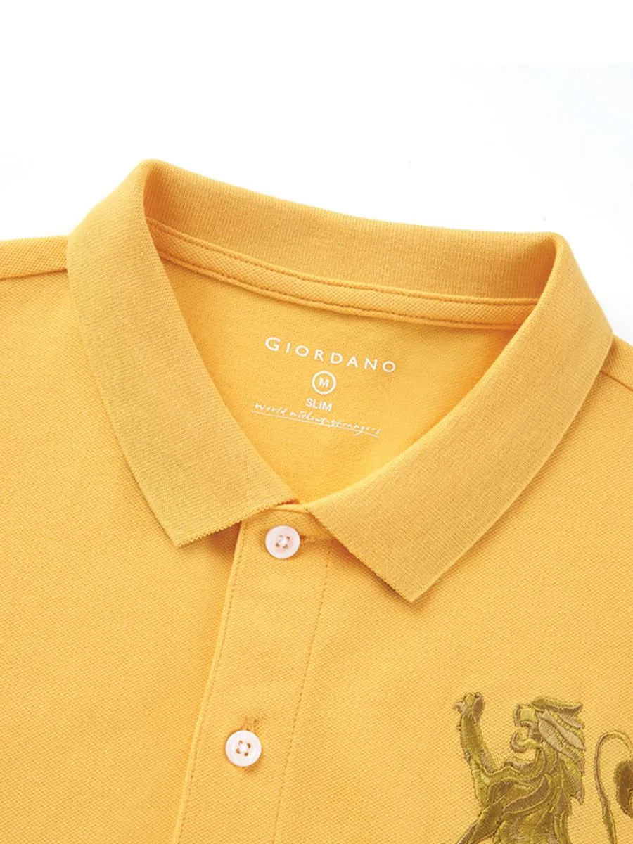 GIORDANO Men's Slim Fit 3D Lion Embroidery Polo Daffodil Yellow GIORDANO Men's Slim Fit 3D Lion Embroidery Polo Daffodil Yellow