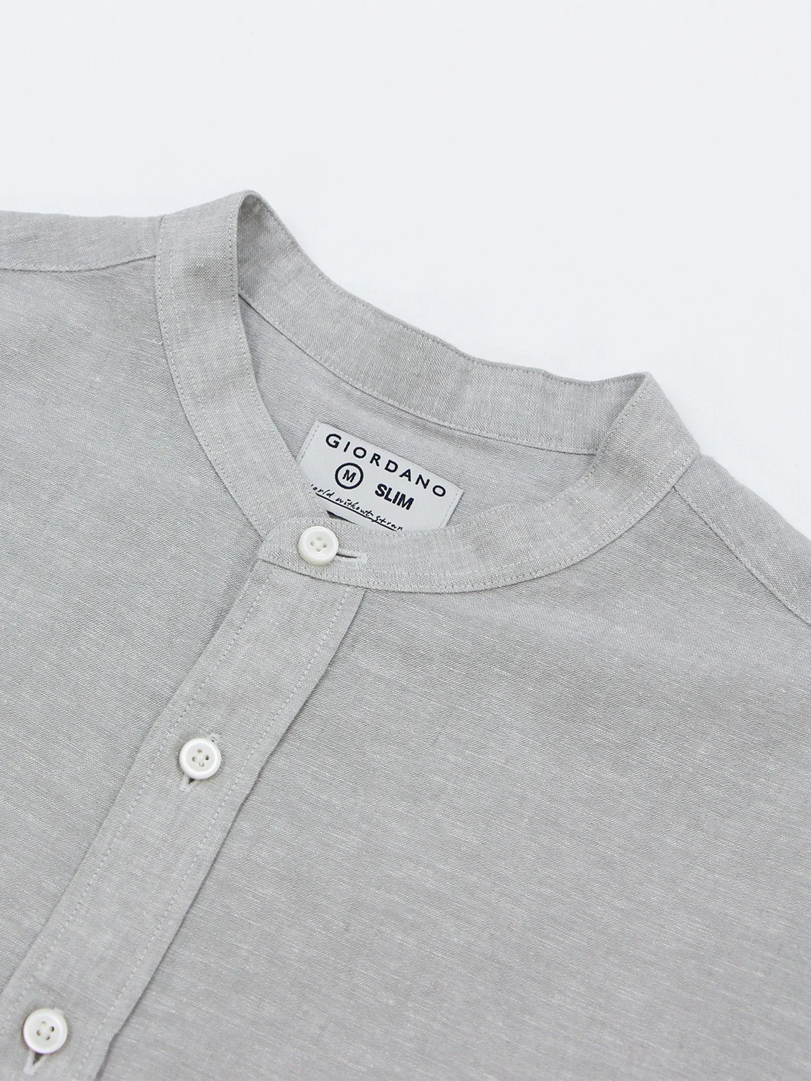 GIORDANO Men's Slim Mandarin Collar Linen Shirt Dolphin Grey GIORDANO Men's Slim Mandarin Collar Linen Shirt Dolphin Grey