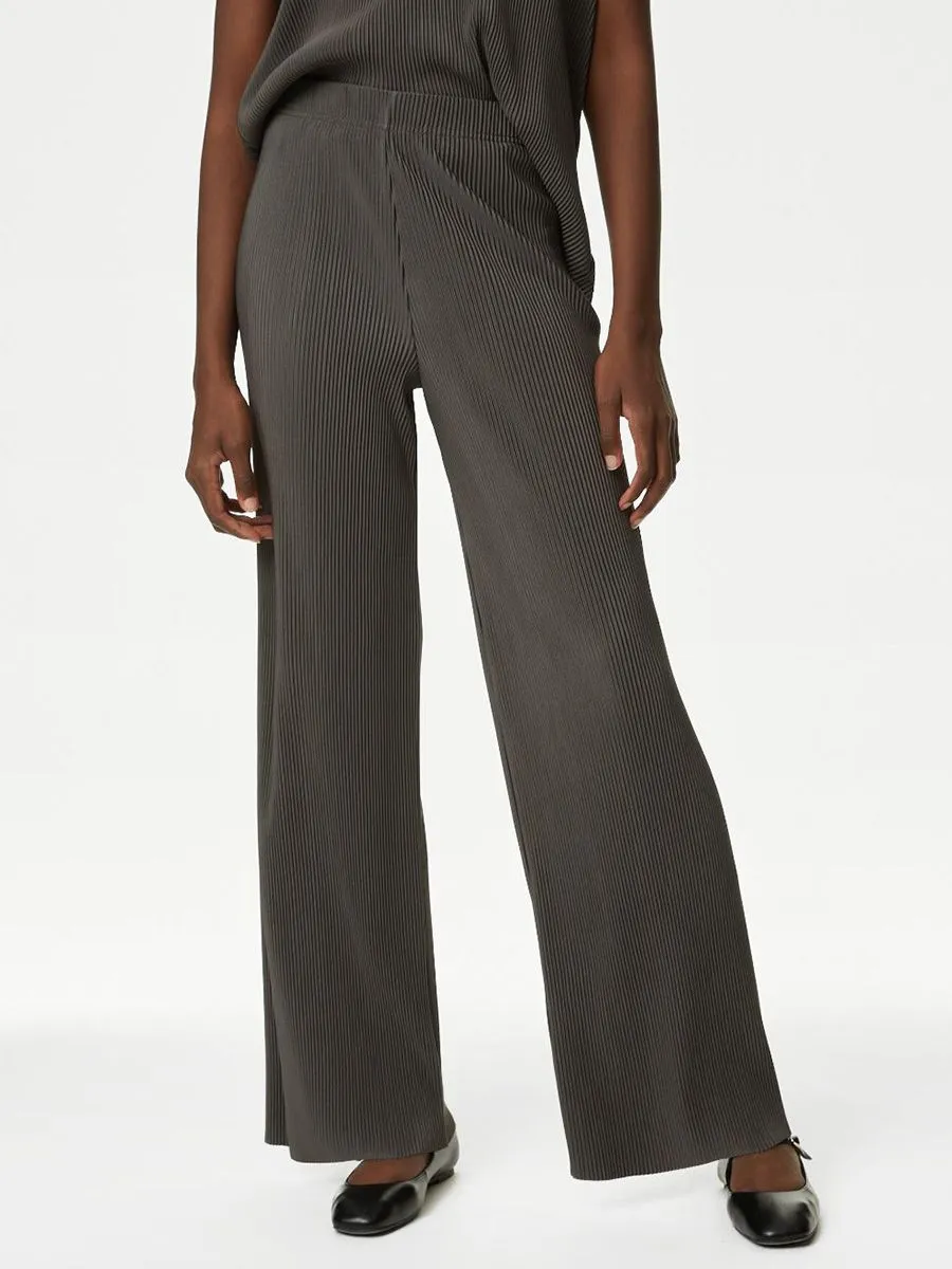 MARKS & SPENCER Women Trousers Plisse Wide Leg Dark Khaki MARKS & SPENCER Women Trousers Plisse Wide Leg Dark Khaki