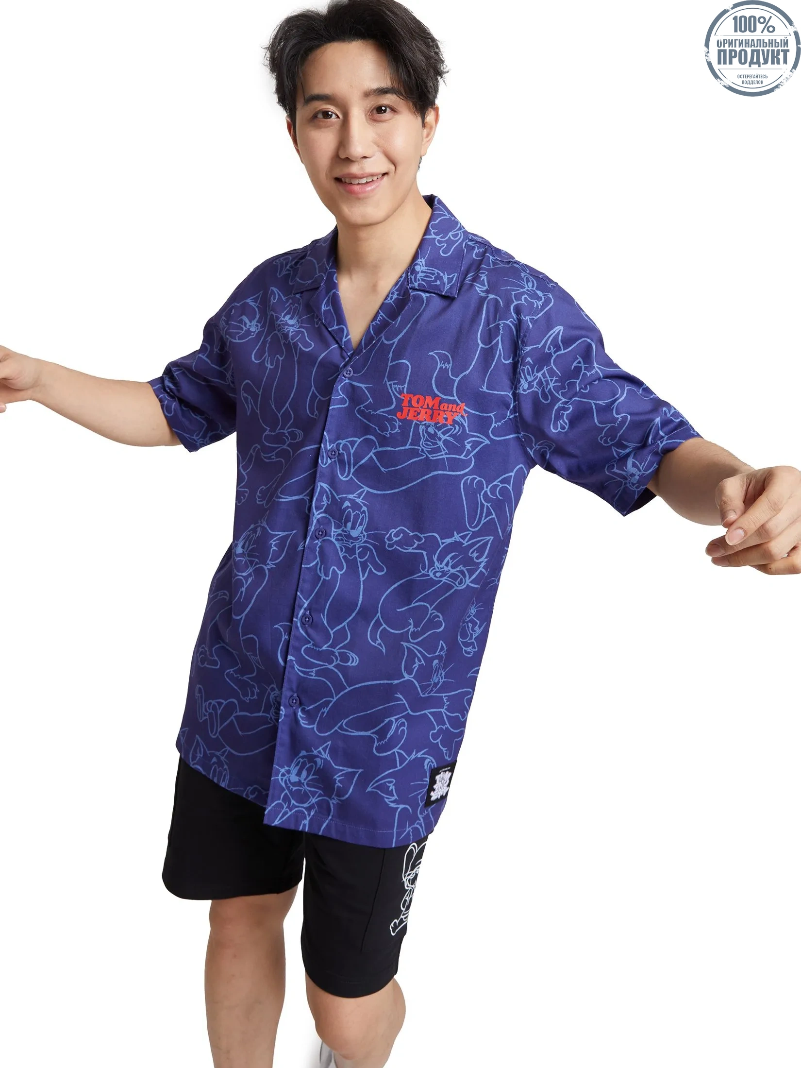 PACIFIC UNION Men Shirt Short Sleeve Oversize Tom and Jerry Navy PACIFIC UNION Men Shirt Short Sleeve Oversize Tom and Jerry Navy